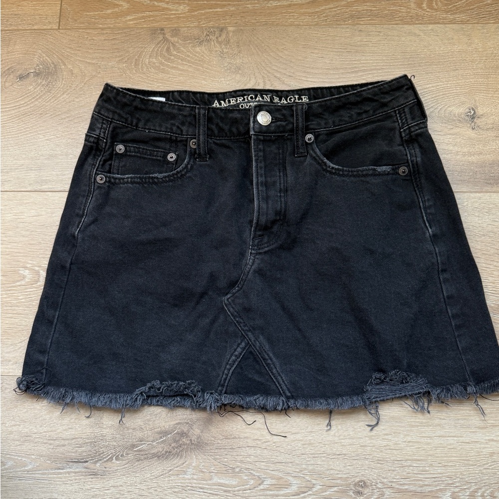 American Eagle Outfitters Black Denim Frayed-Hem Skirt